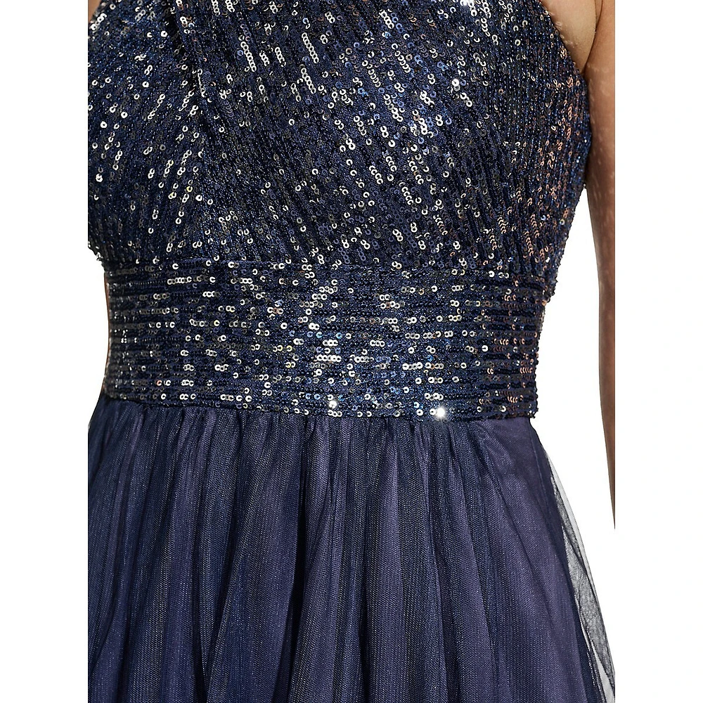 Halter Wrap Sleeveless Sequin & Tulle Gown