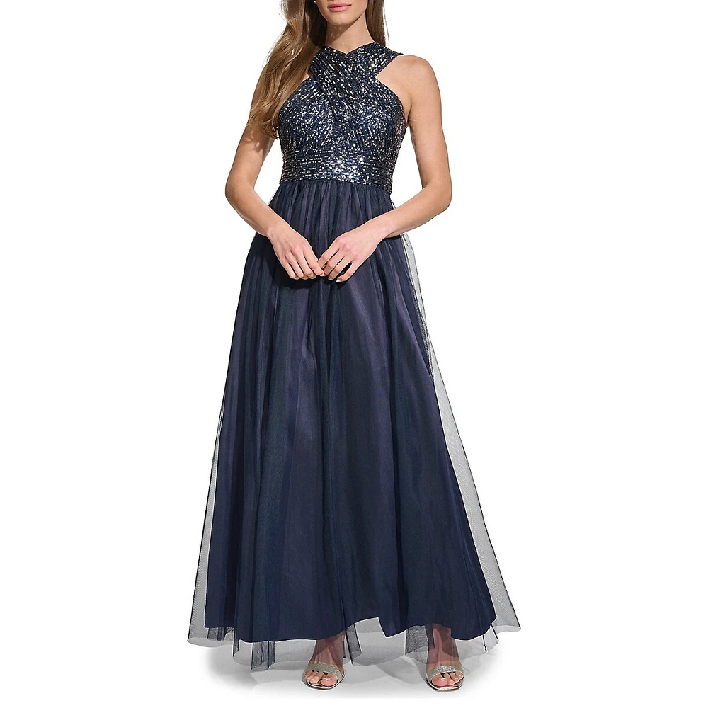 Halter Wrap Sleeveless Sequin & Tulle Gown