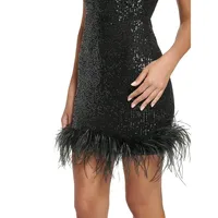 Feather-Trim One-Shoulder Sequin Sheath Dress