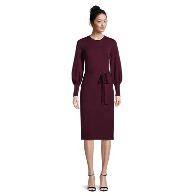 Balloon-Sleeve Belted Knit Dress