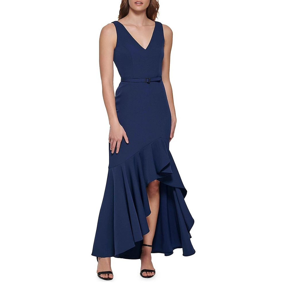 Sleeveless V-Neck Flounce-Hem Gown