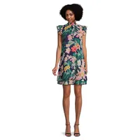 Floral Chiffon Mockneck Flutter Mini Dress