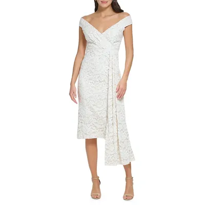 Off-The-Shoulder Lace Midi Sheath Dress