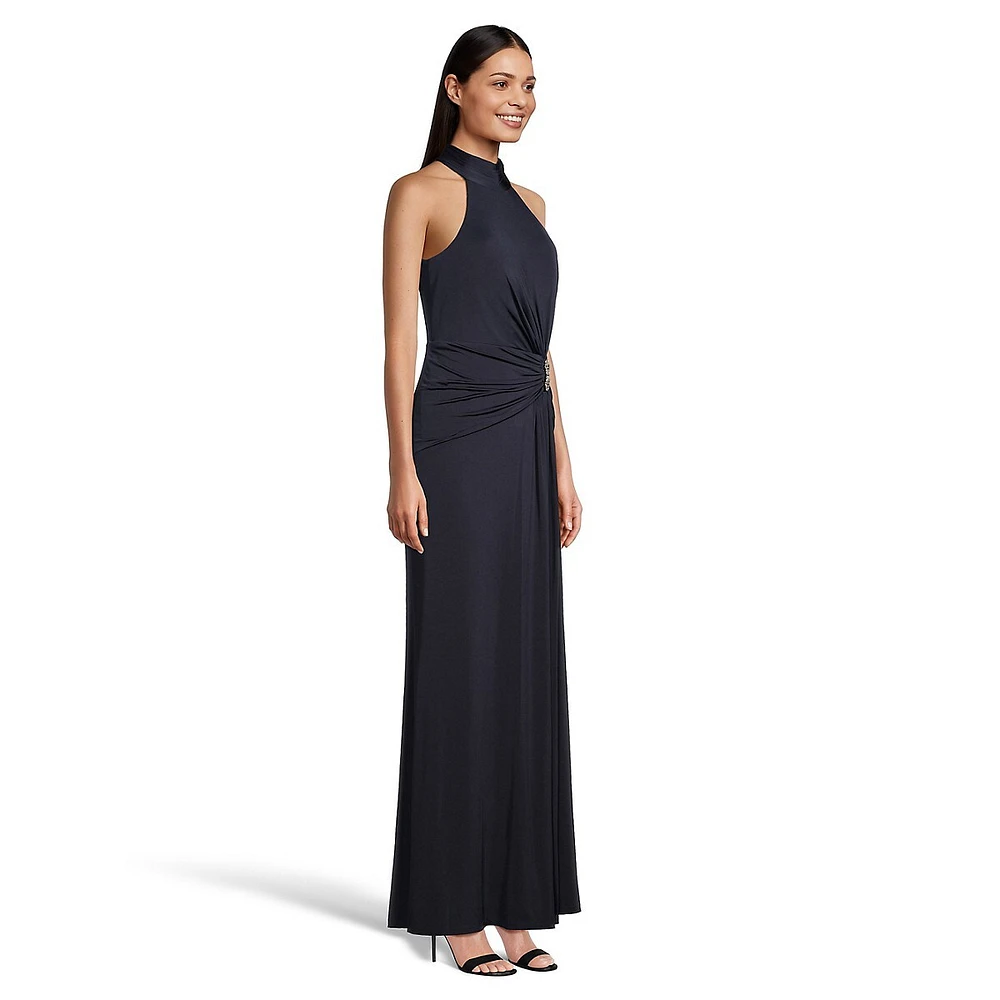 Sleeveless Highneck Draped Gown