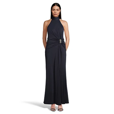 Sleeveless Highneck Draped Gown