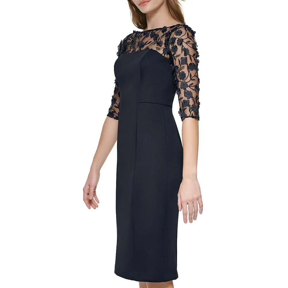 Floral Appliqué Illusion Sheath Dress