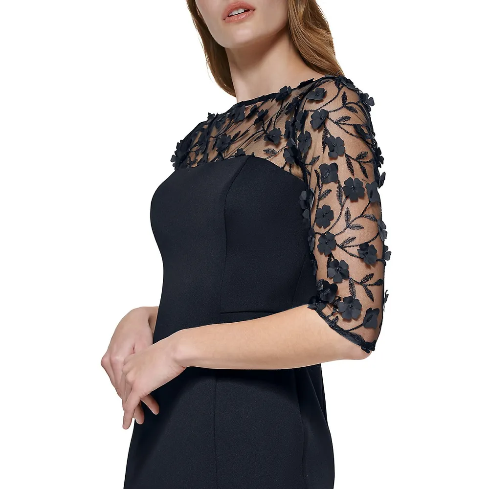 Floral Appliqué Illusion Sheath Dress