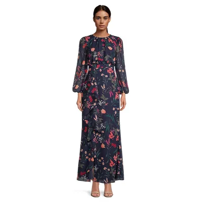 Long-Sleeve Floral Chiffon Maxi Dress