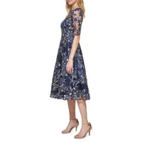 Sequin Floral Embroidery Midi Flare Cocktail Dress