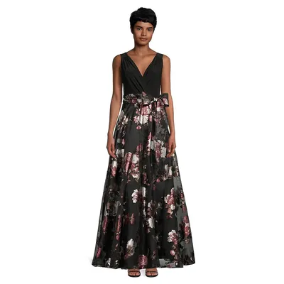 Floral Surplice-Neck Fit-&-Flare Ball Gown