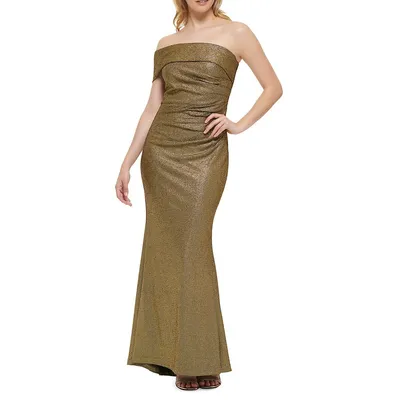 Off-The-Shoulder Metallic Ruched Gown