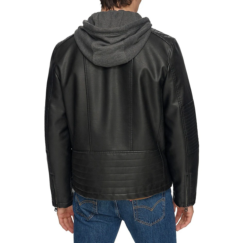 Hooded Faux Leather Moto Jacket