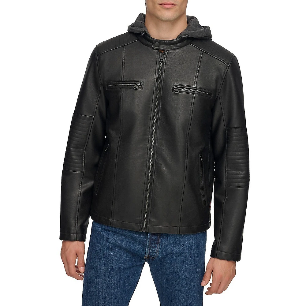 Hooded Faux Leather Moto Jacket