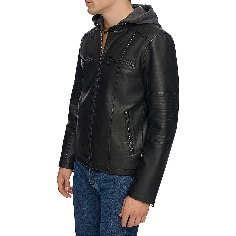 Hooded Faux Leather Moto Jacket