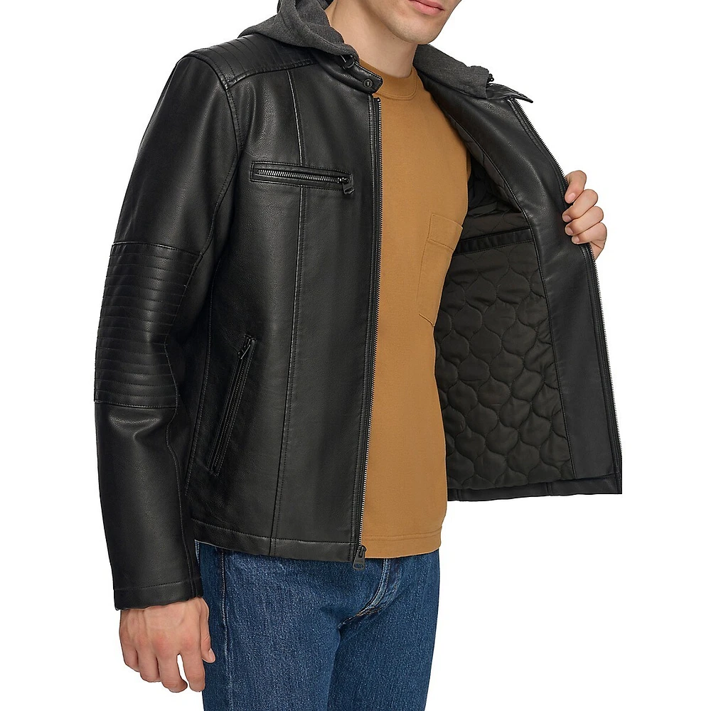 Hooded Faux Leather Moto Jacket