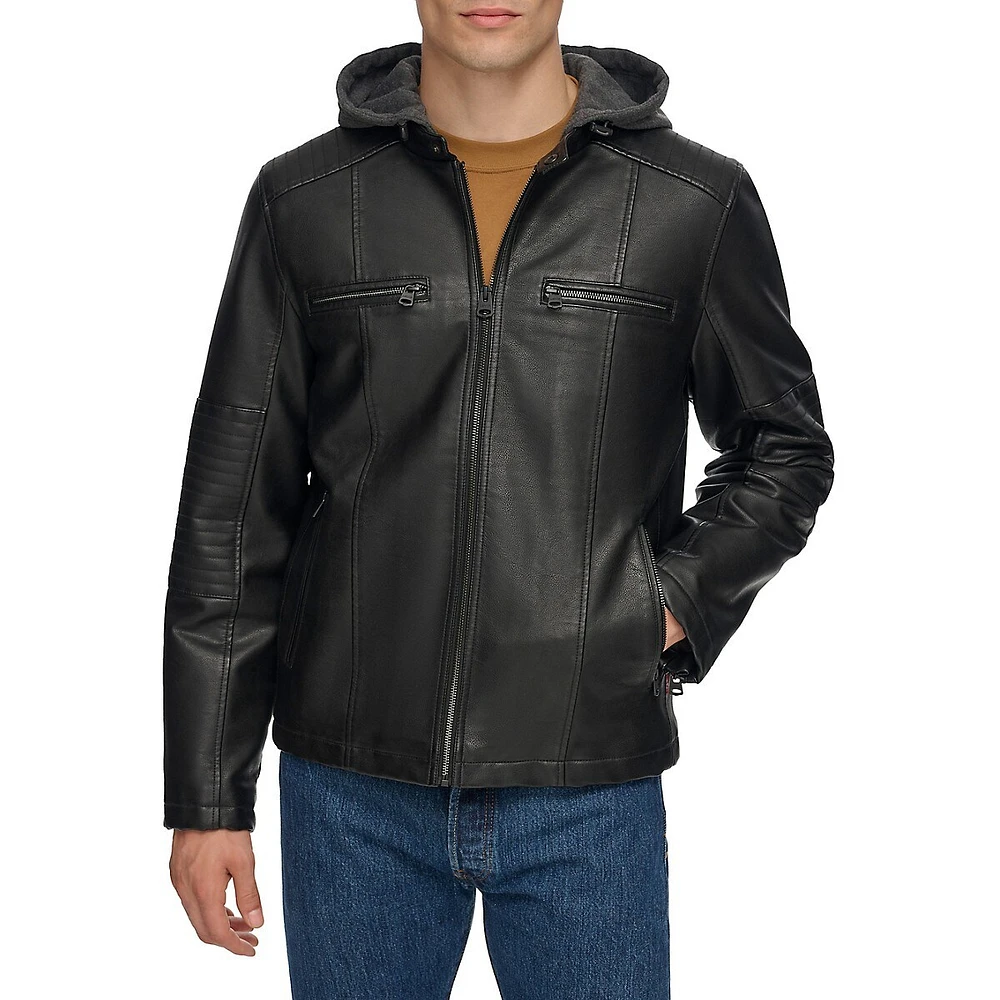 Hooded Faux Leather Moto Jacket