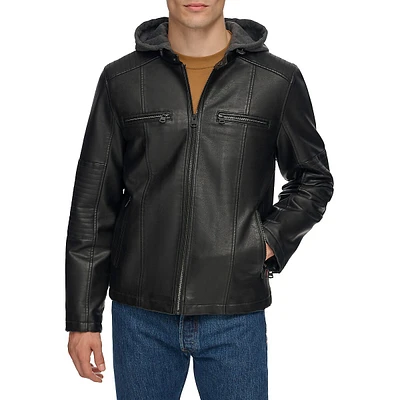 Hooded Faux Leather Moto Jacket