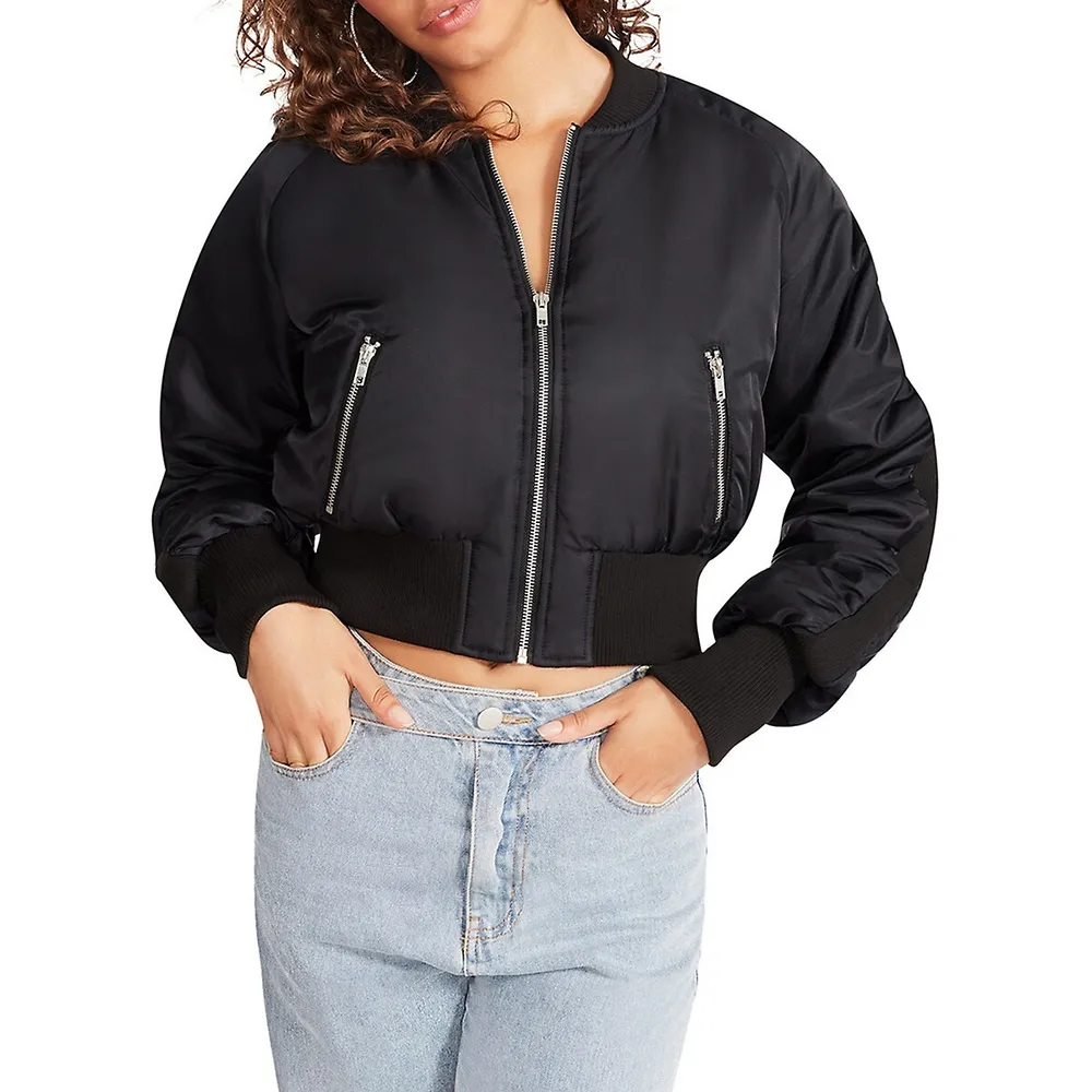 Eva Rib-Knit Panel Cropped Bomber Jacket