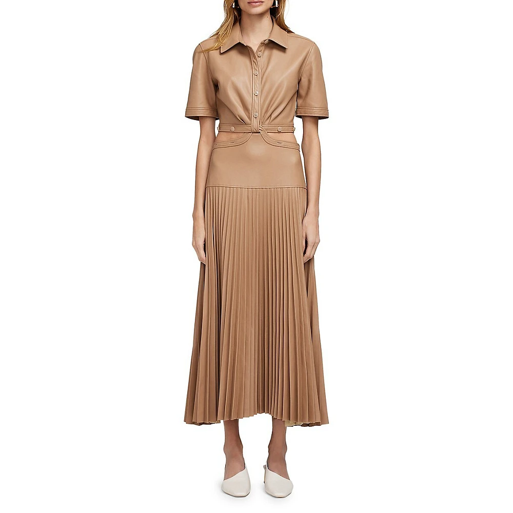 Maritza Pleated Faux Leather Midi Shirt Dress