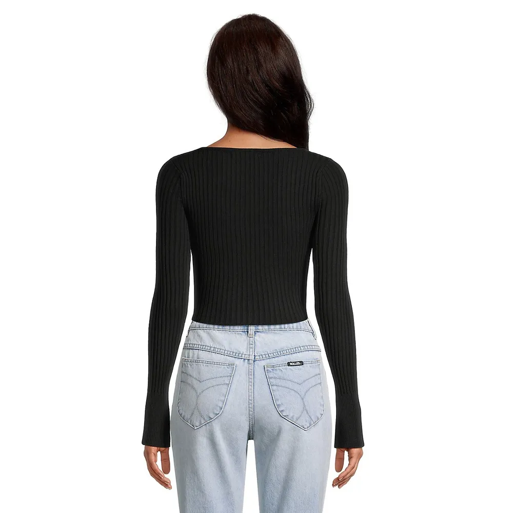 V-Neck Contrast Rib Crop Cardigan