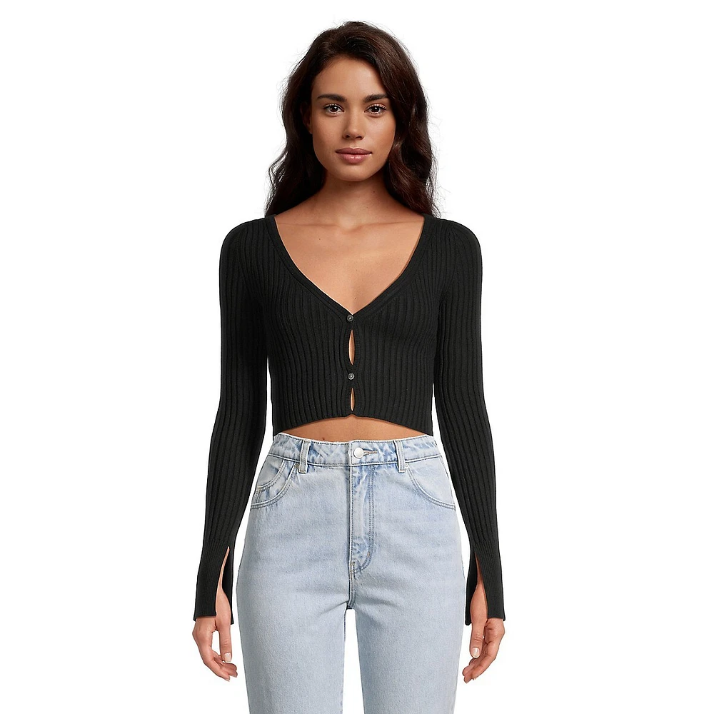 V-Neck Contrast Rib Crop Cardigan