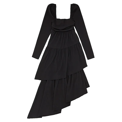 Puff-Sleeve Asymmmetrical Tiered Dress