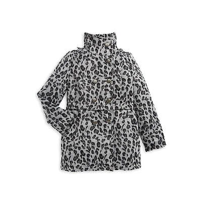 Girl's Double-Breasted Leopard-Print Military Coat