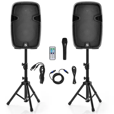 Costway Dual 12" 2-way 2000w Powered Speakers W/ Mic Speaker Stands Cables