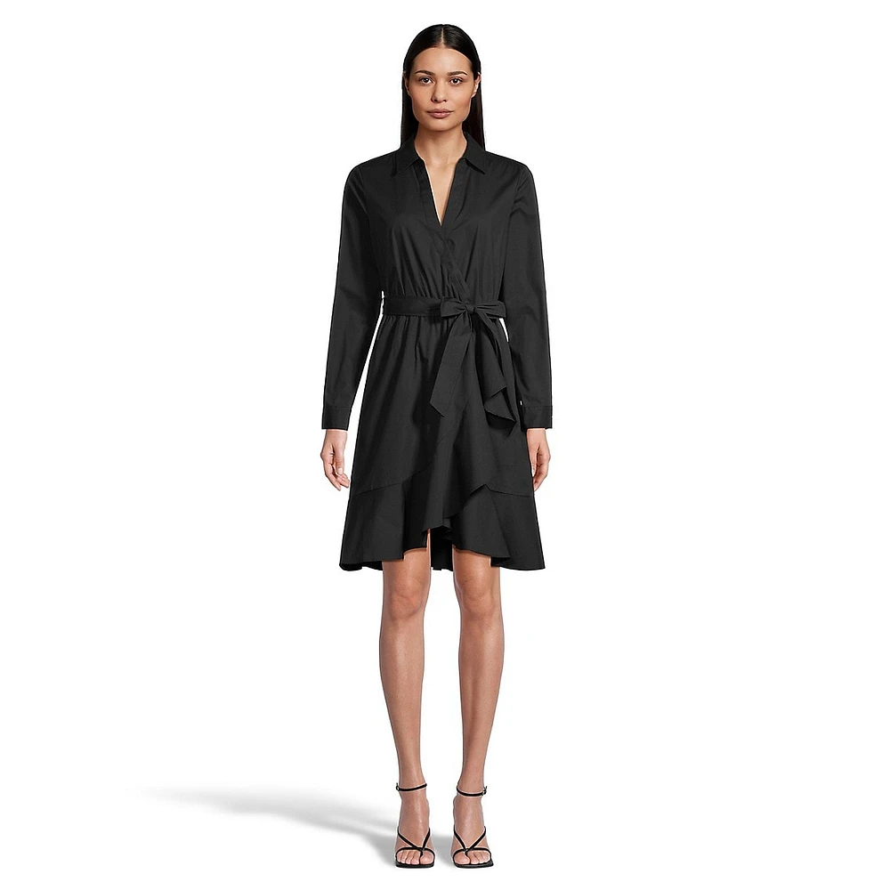 Long-Sleeve Ruffled High-Low Hem Wrap Dress