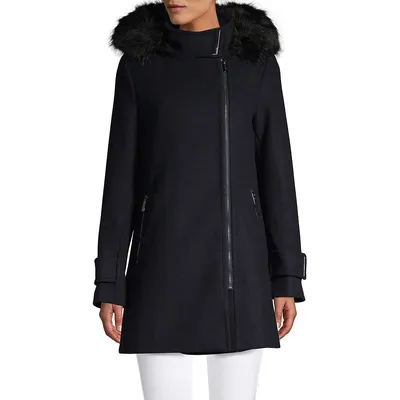 Hooded Wool Parka with Faux Fur