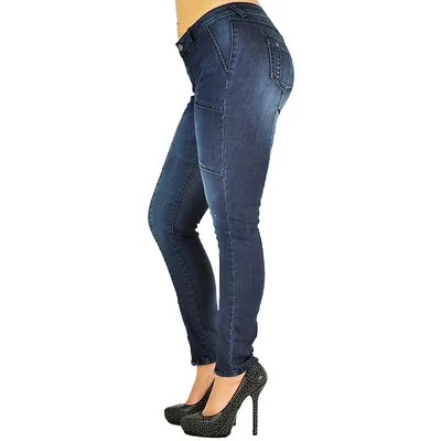 Women's Curvy Fit Blue Washed Denim Pieced Skinny Zip Ankle Jeans
