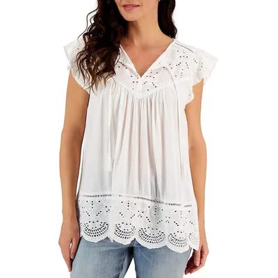 Mixed-Media Lace-Trimmed Peasant Top