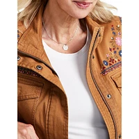Petite Floral-Embroidered Zip Jacket