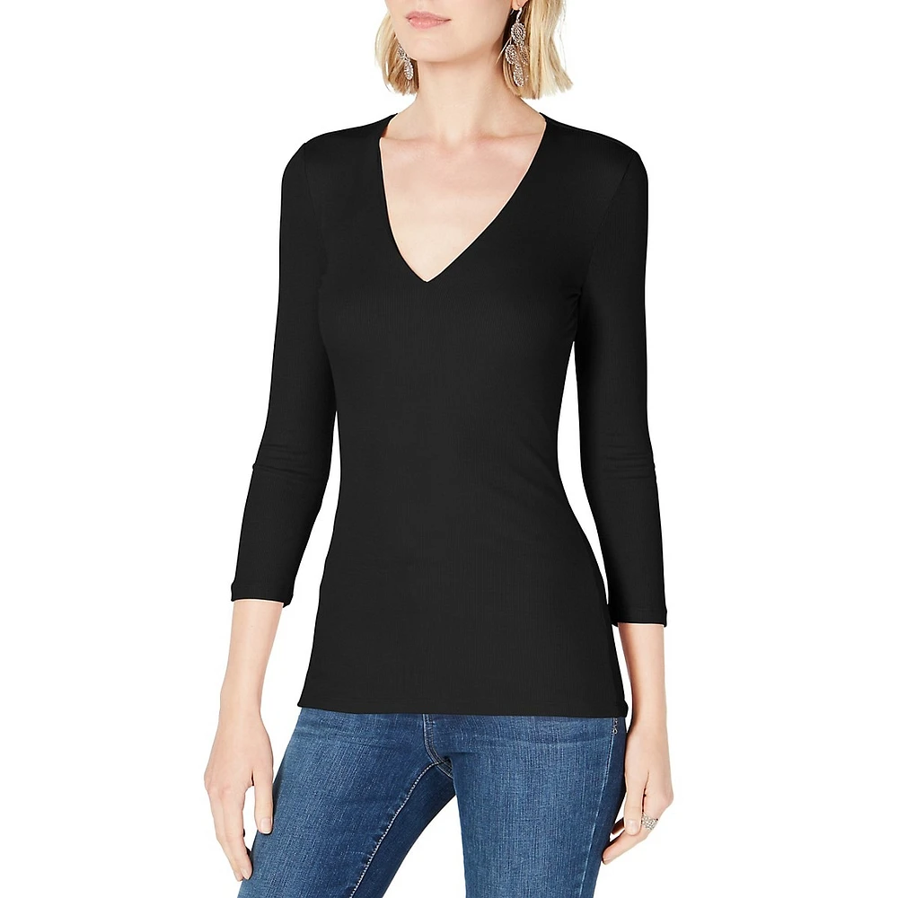 Ribbed Three-Quarter Sleeve V-Neck Top