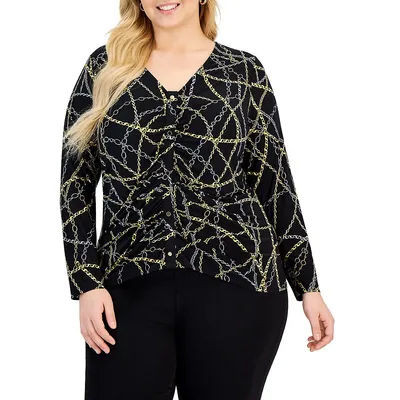 Plus Printed Ruched-Front Long-Sleeve Top