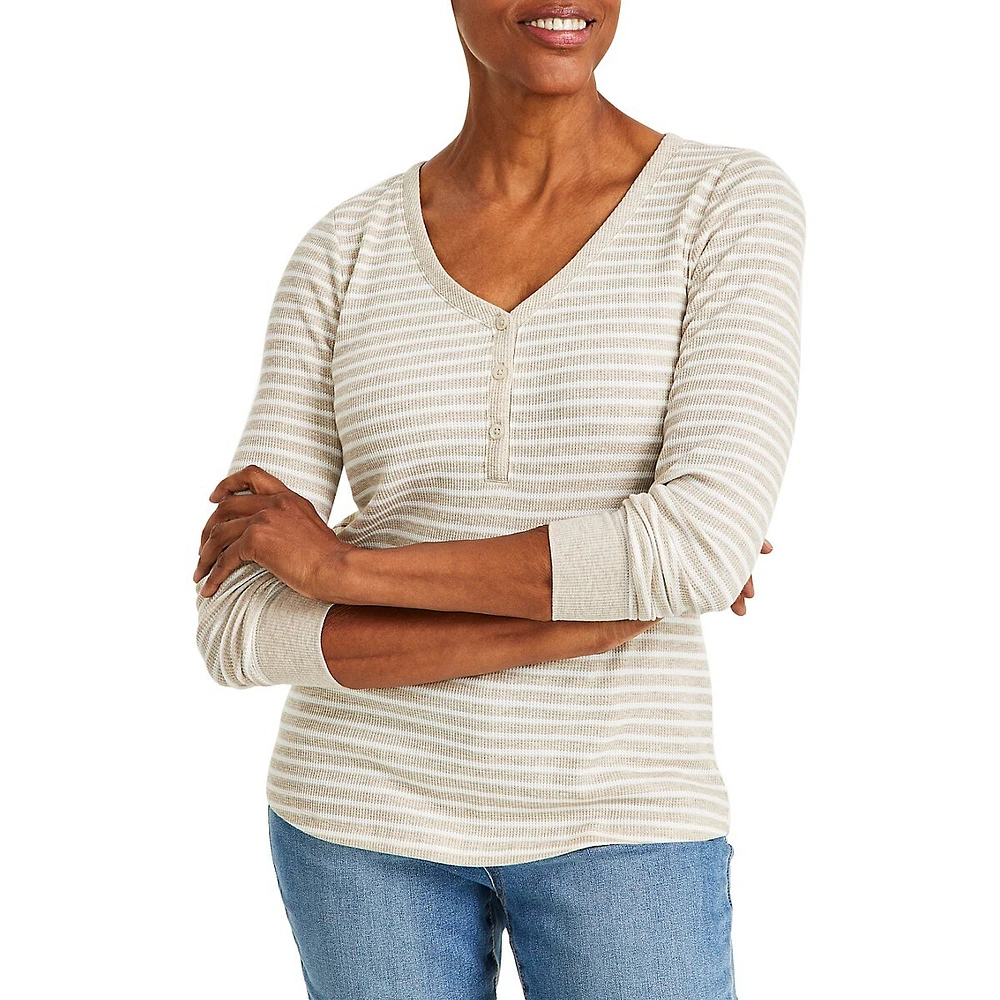 Style & Co. Petite Striped Waffle-Knit Henley