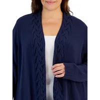 Plus Cabled-Lapel Open-Front Cardigan