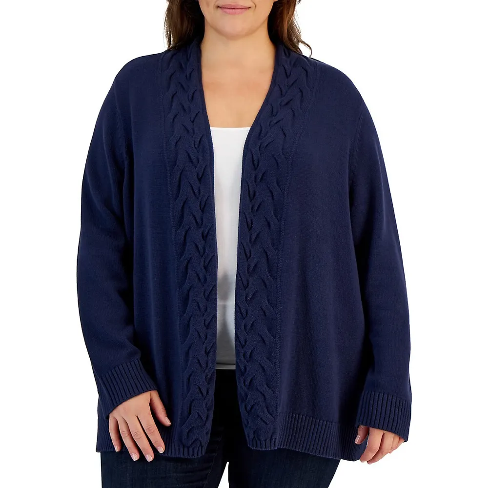 Plus Cabled-Lapel Open-Front Cardigan