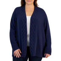 Plus Cabled-Lapel Open-Front Cardigan