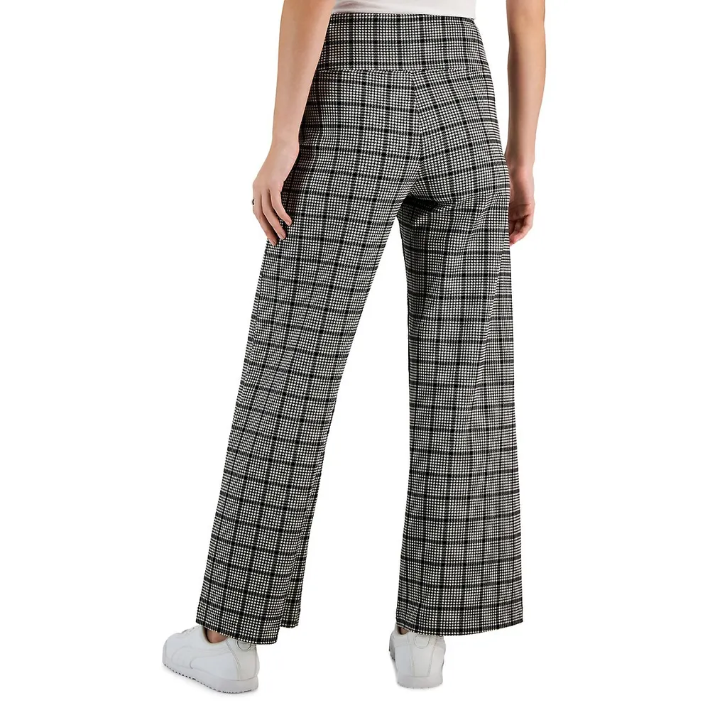 Glen Plaid Pull-On Wide-Leg Pants