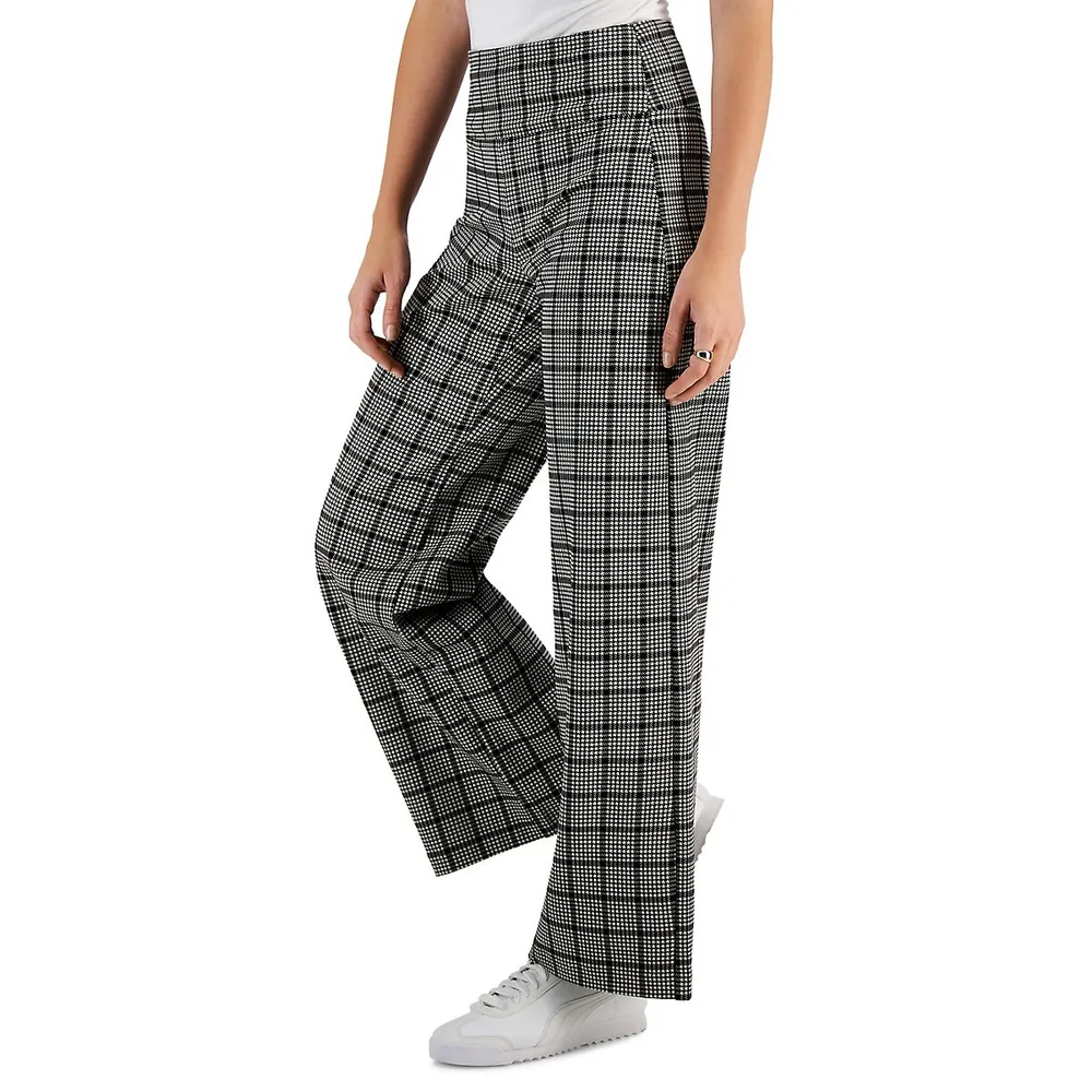 Glen Plaid Pull-On Wide-Leg Pants