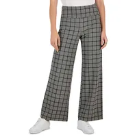 Glen Plaid Pull-On Wide-Leg Pants