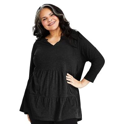 Plus Cotton Splitneck Tiered Tunic