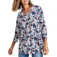 Printed Three-Quarter Sleeve V-Neck Top