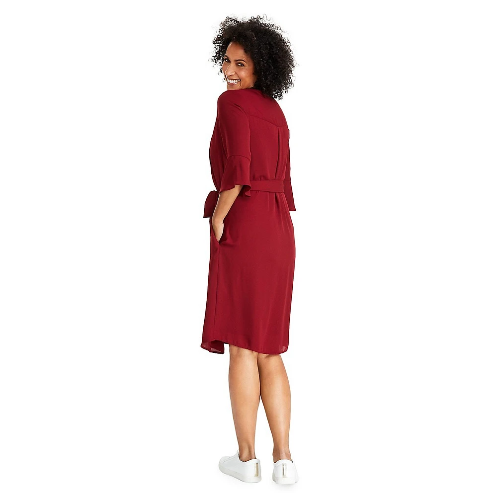 Petite Pintucked Georgette Belted Midi Dress