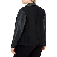 Plus Mixed-Media Faux-Leather Single-Button Ponté Blazer