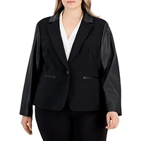 Plus Mixed-Media Faux-Leather Single-Button Ponté Blazer