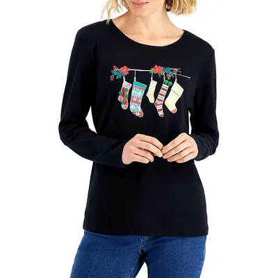 Petite Relaxed-Fit Embellished Holiday Graphic T-Shirt