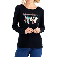 Petite Relaxed-Fit Embellished Holiday Graphic T-Shirt