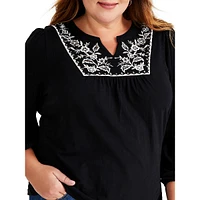 Plus Embroidered Splitneck Cotton Top